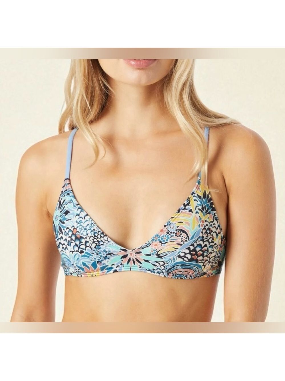 Roxy Marina Bloom Floral Boho Triangle Bikini Swim Top sz XS in Blue Multicolor